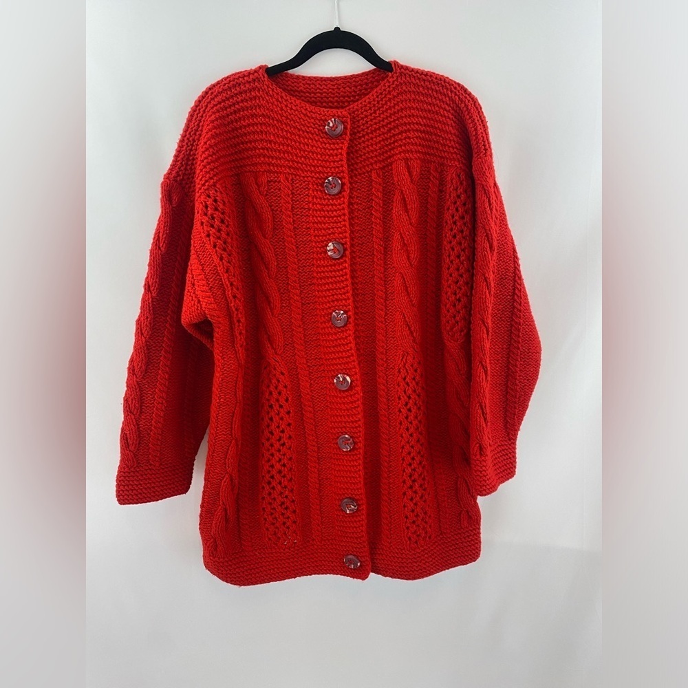 Handmade‎ Long Red Heavy Knit Button-up Sweater Cardigan Various Knit Designs